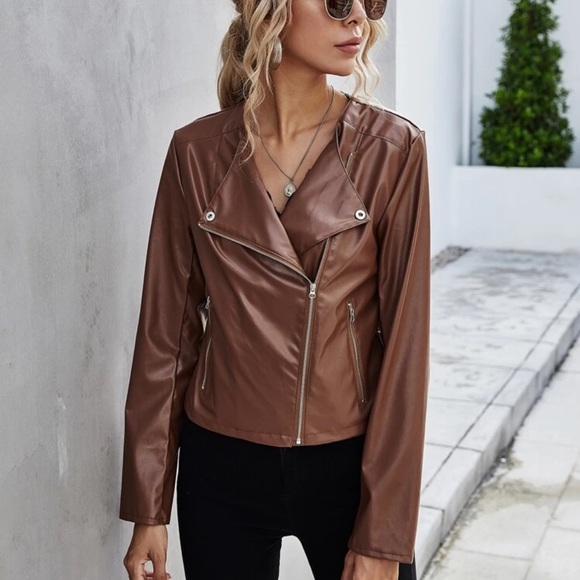 Minimalist vegan leather moto jacket dark brown - Picture 2 of 9